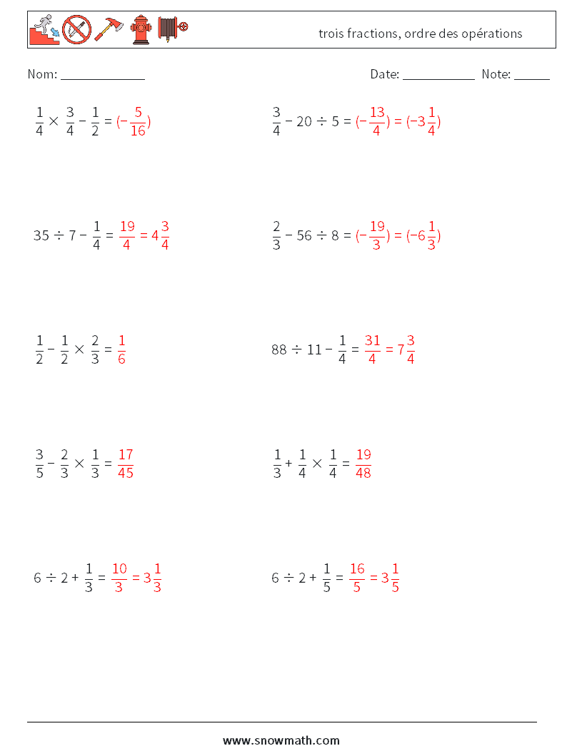(10) trois fractions, ordre des opérations Fiches d'Exercices de Mathématiques 14 Question, Réponse