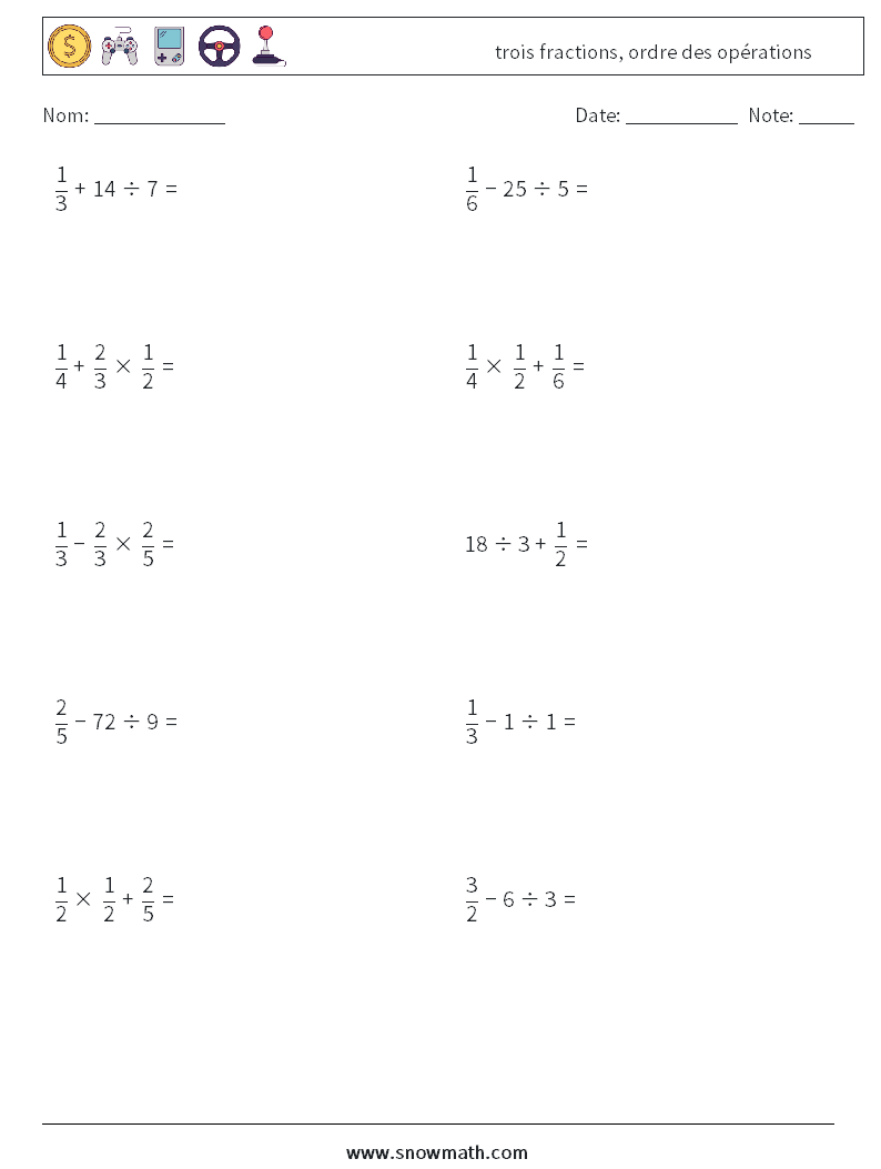 (10) trois fractions, ordre des opérations Fiches d'Exercices de Mathématiques 16
