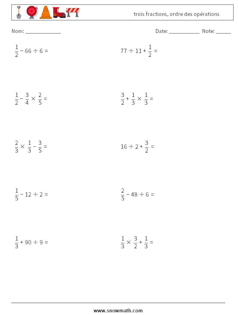 (10) trois fractions, ordre des opérations Fiches d'Exercices de Mathématiques 18