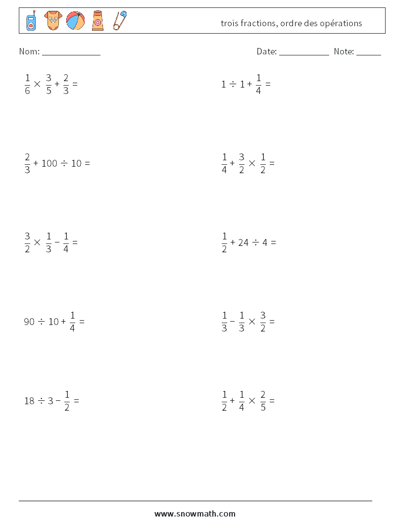 (10) trois fractions, ordre des opérations Fiches d'Exercices de Mathématiques 2