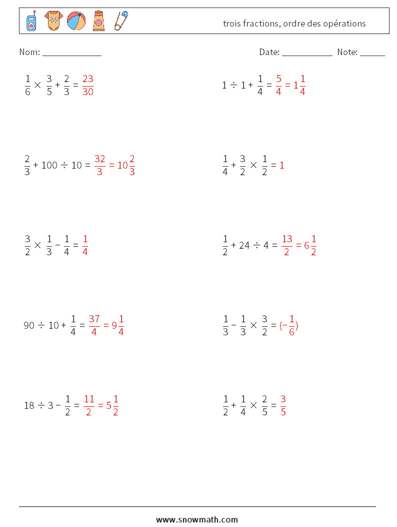 (10) trois fractions, ordre des opérations Fiches d'Exercices de Mathématiques 2 Question, Réponse