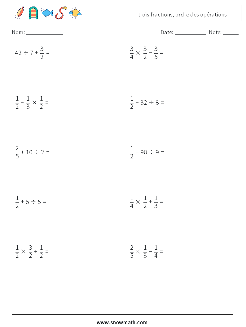(10) trois fractions, ordre des opérations Fiches d'Exercices de Mathématiques 3