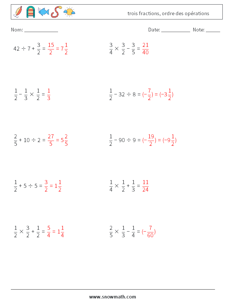 (10) trois fractions, ordre des opérations Fiches d'Exercices de Mathématiques 3 Question, Réponse