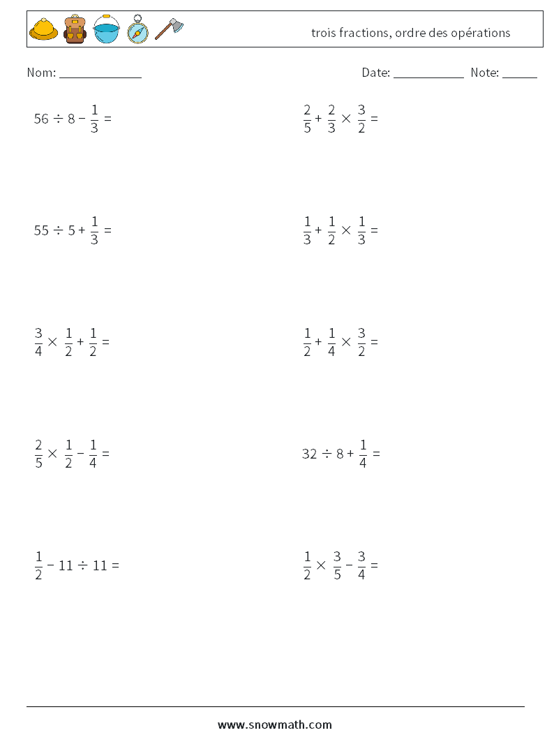 (10) trois fractions, ordre des opérations Fiches d'Exercices de Mathématiques 4