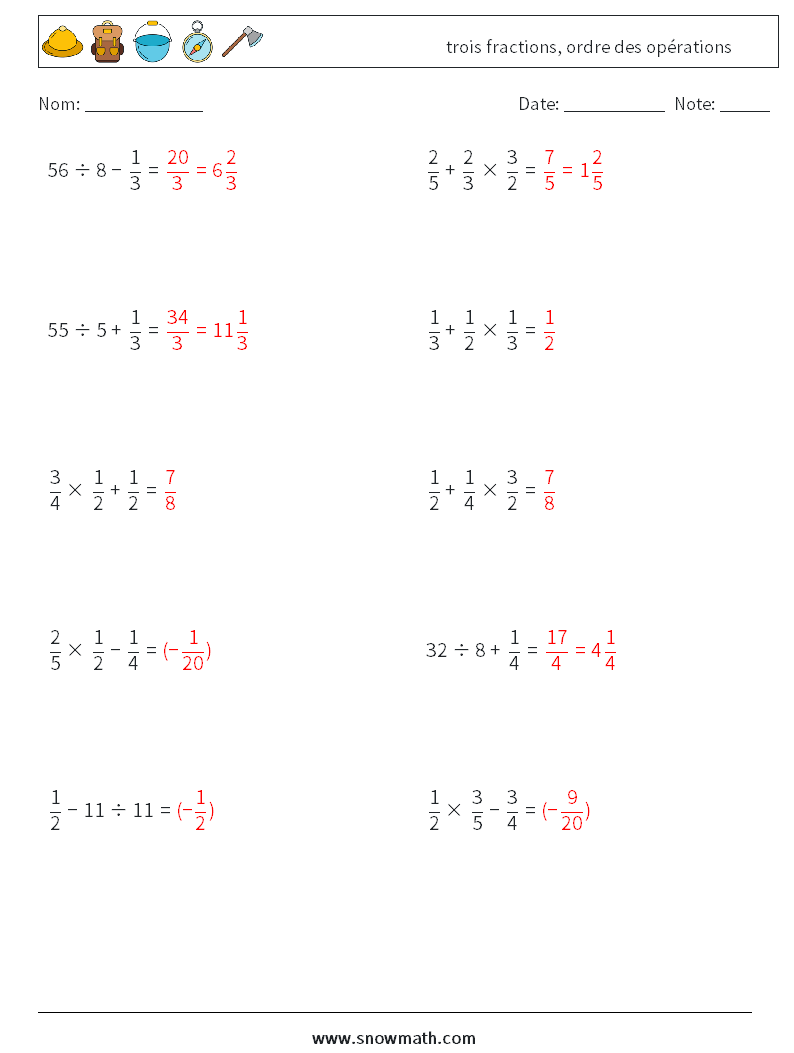(10) trois fractions, ordre des opérations Fiches d'Exercices de Mathématiques 4 Question, Réponse