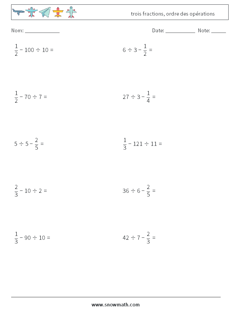 (10) trois fractions, ordre des opérations Fiches d'Exercices de Mathématiques 5