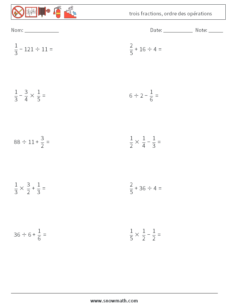 (10) trois fractions, ordre des opérations Fiches d'Exercices de Mathématiques 6