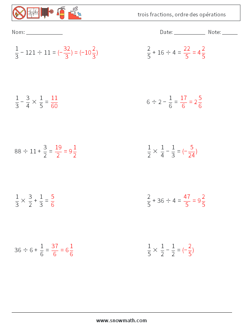 (10) trois fractions, ordre des opérations Fiches d'Exercices de Mathématiques 6 Question, Réponse