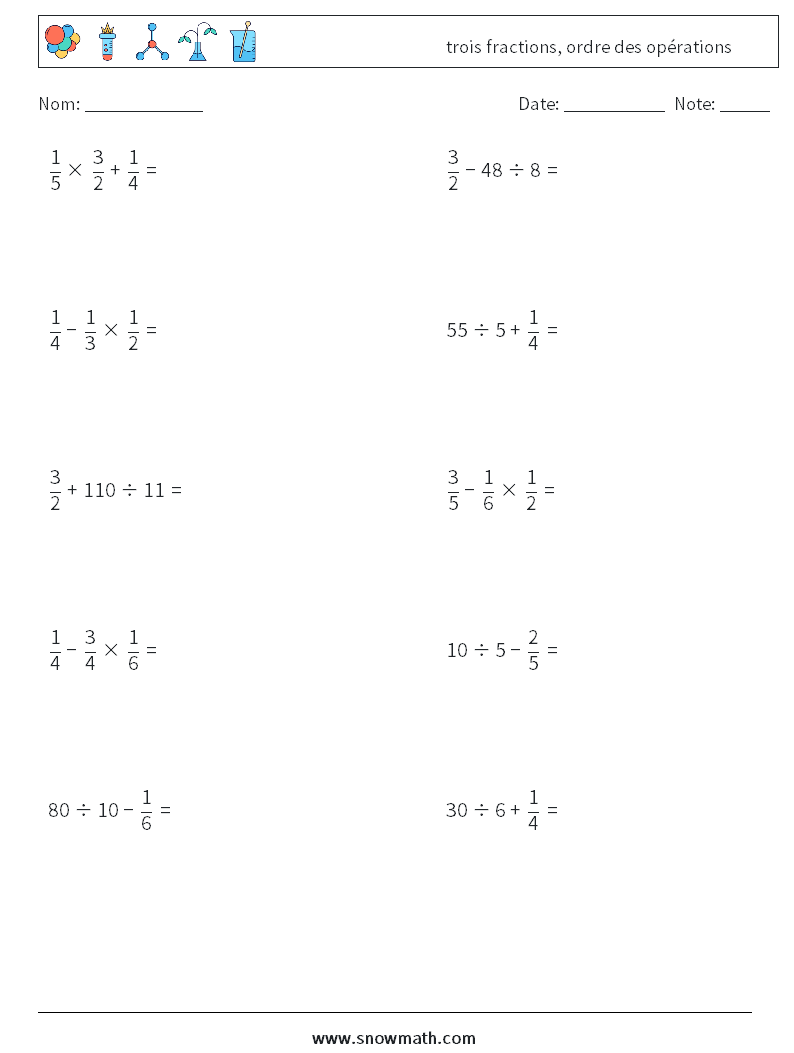 (10) trois fractions, ordre des opérations Fiches d'Exercices de Mathématiques 7