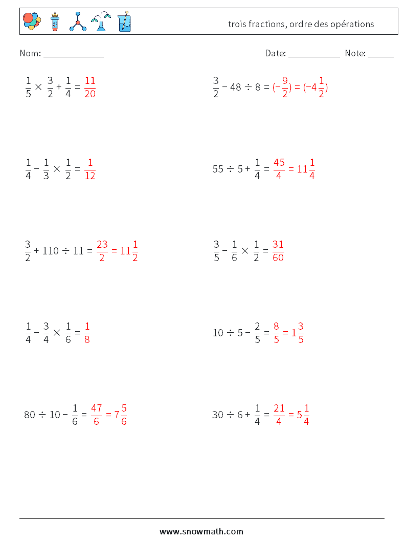 (10) trois fractions, ordre des opérations Fiches d'Exercices de Mathématiques 7 Question, Réponse