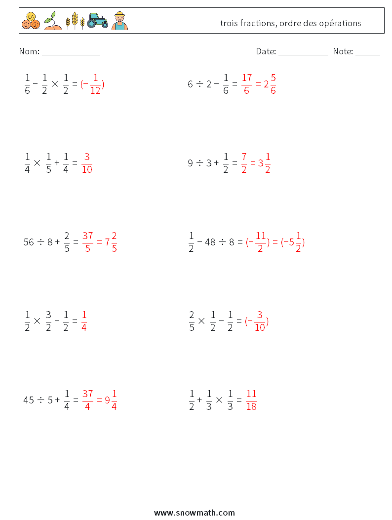(10) trois fractions, ordre des opérations Fiches d'Exercices de Mathématiques 8 Question, Réponse