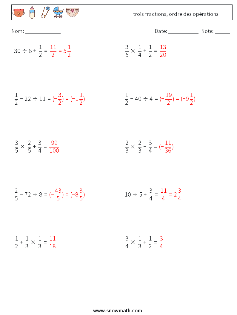 (10) trois fractions, ordre des opérations Fiches d'Exercices de Mathématiques 9 Question, Réponse