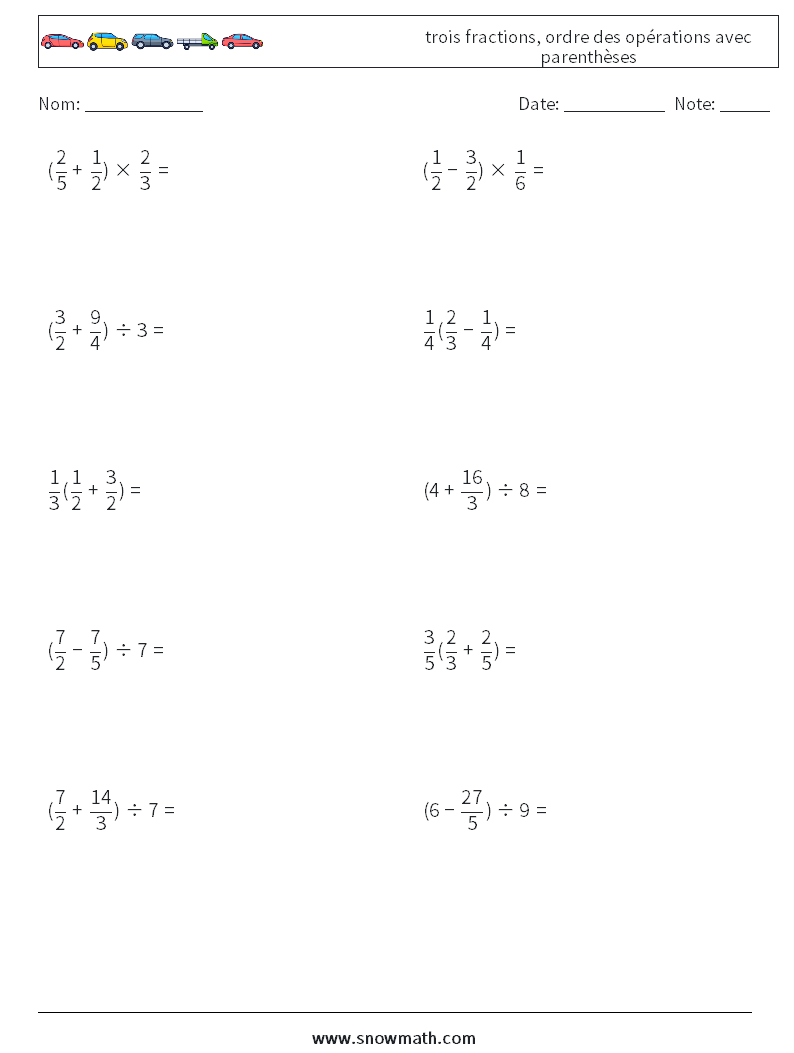 (10) trois fractions, ordre des opérations avec parenthèses Fiches d'Exercices de Mathématiques 9