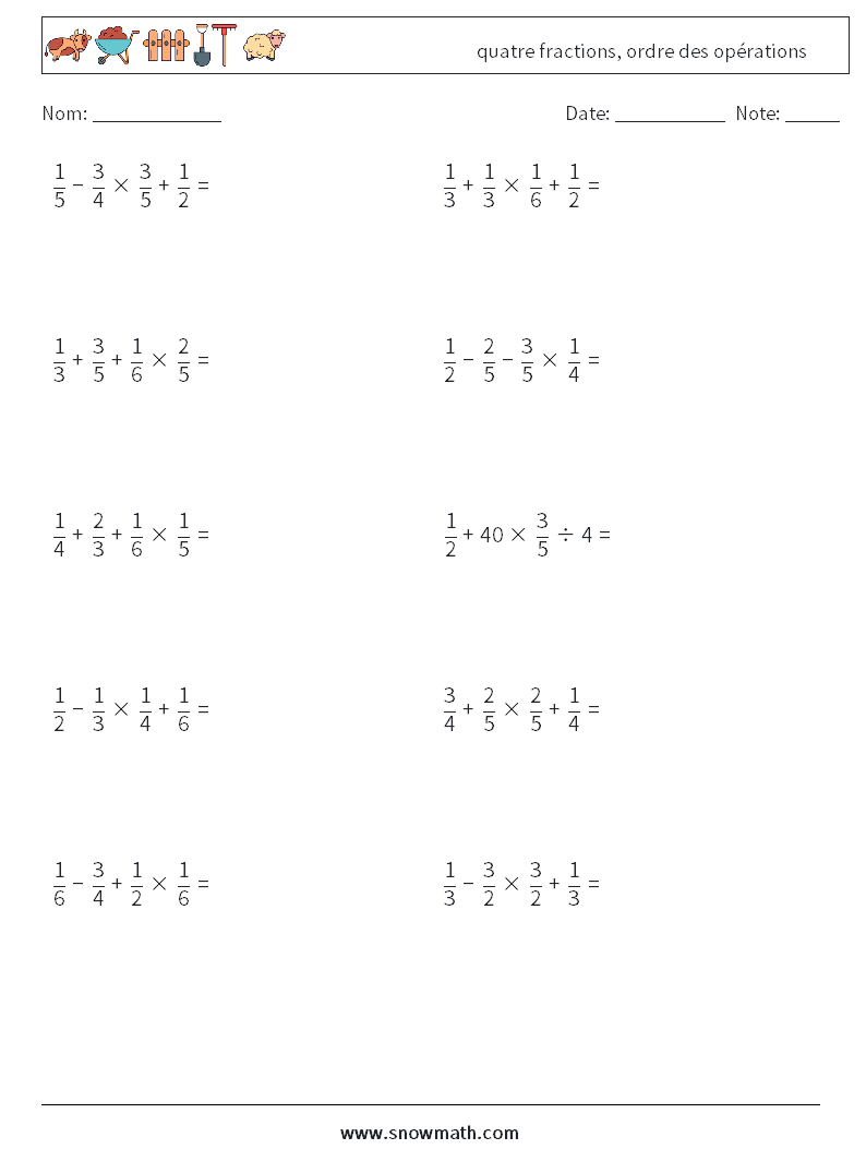 (10) quatre fractions, ordre des opérations Fiches d'Exercices de Mathématiques 10