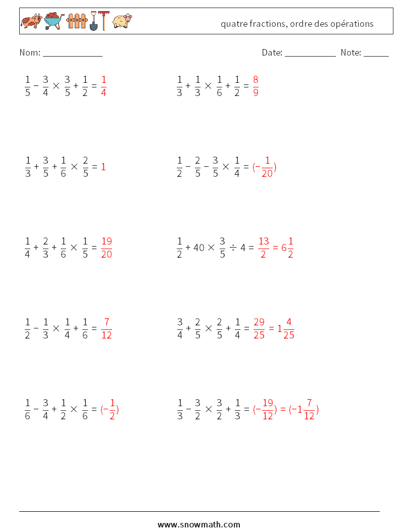 (10) quatre fractions, ordre des opérations Fiches d'Exercices de Mathématiques 10 Question, Réponse