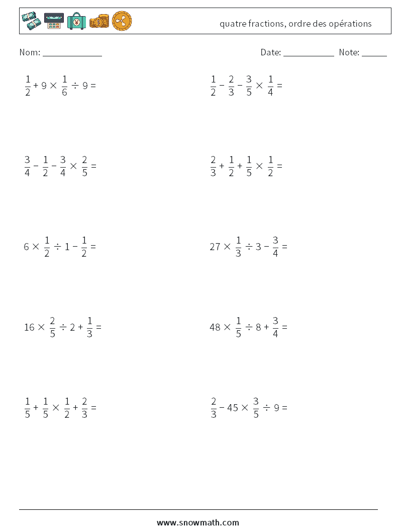 (10) quatre fractions, ordre des opérations Fiches d'Exercices de Mathématiques 11