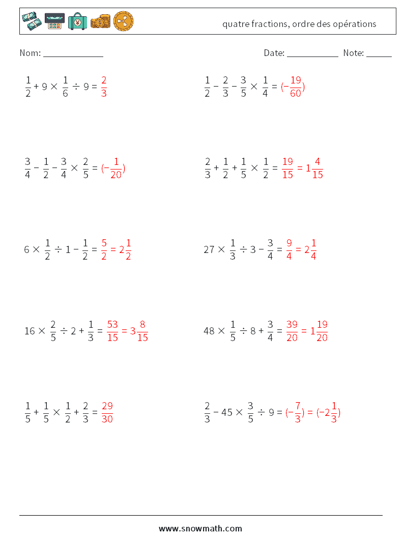 (10) quatre fractions, ordre des opérations Fiches d'Exercices de Mathématiques 11 Question, Réponse
