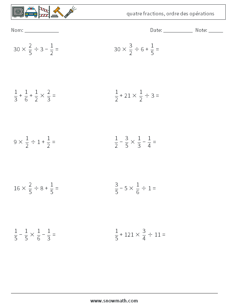 (10) quatre fractions, ordre des opérations Fiches d'Exercices de Mathématiques 12
