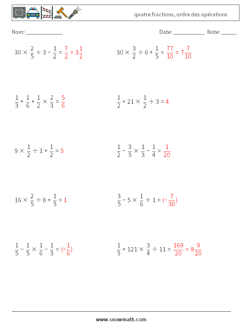 (10) quatre fractions, ordre des opérations Fiches d'Exercices de Mathématiques 12 Question, Réponse