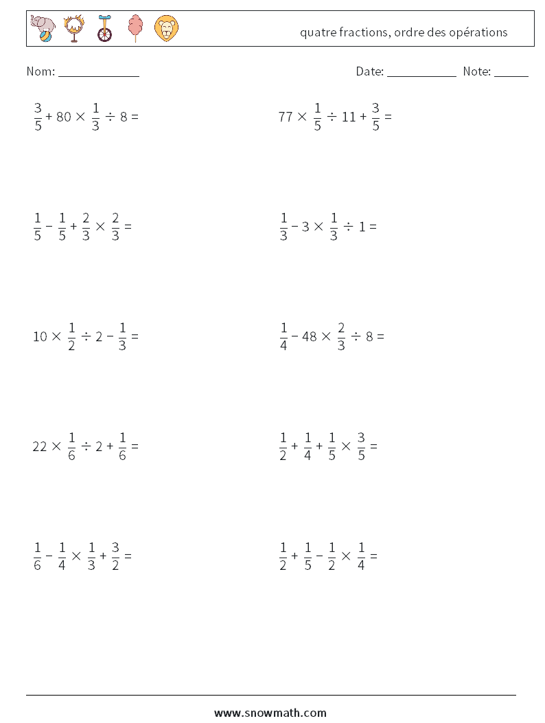 (10) quatre fractions, ordre des opérations Fiches d'Exercices de Mathématiques 13