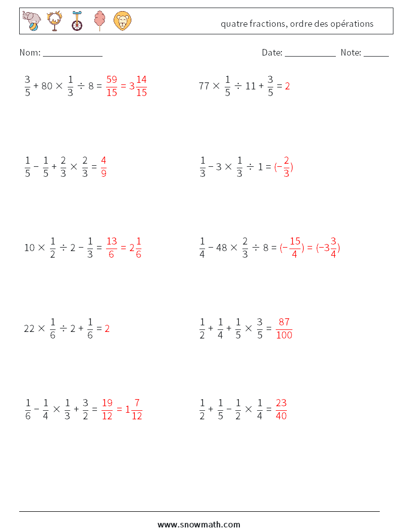 (10) quatre fractions, ordre des opérations Fiches d'Exercices de Mathématiques 13 Question, Réponse