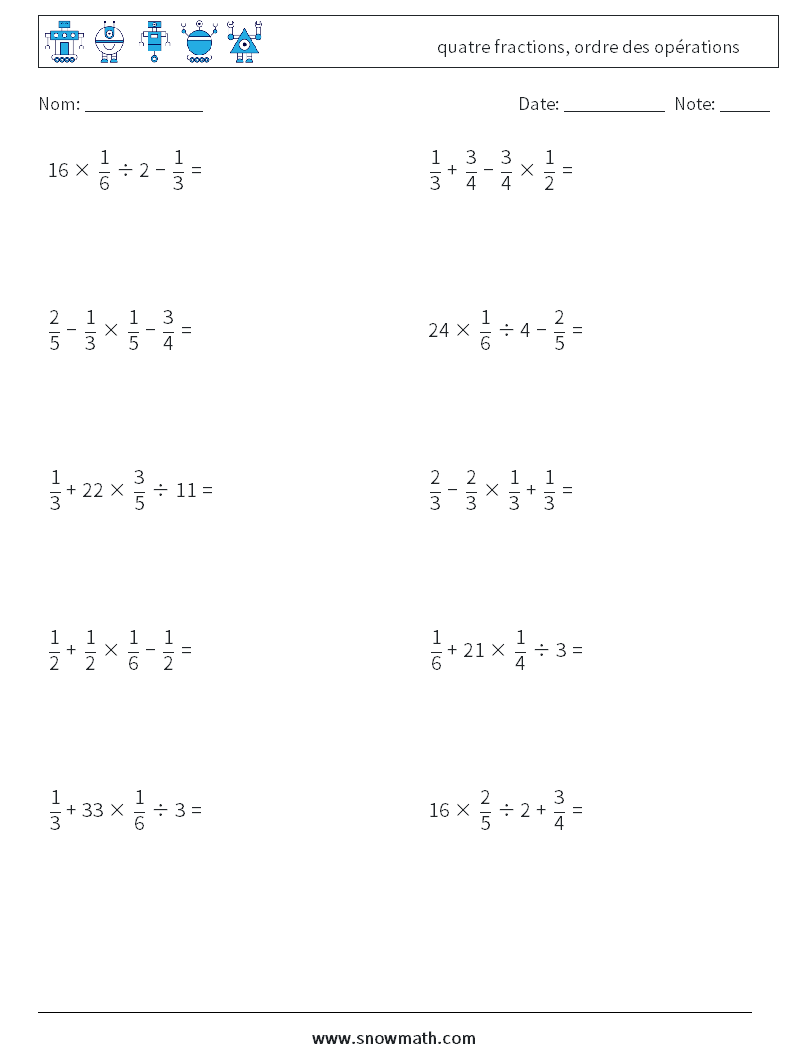(10) quatre fractions, ordre des opérations Fiches d'Exercices de Mathématiques 14