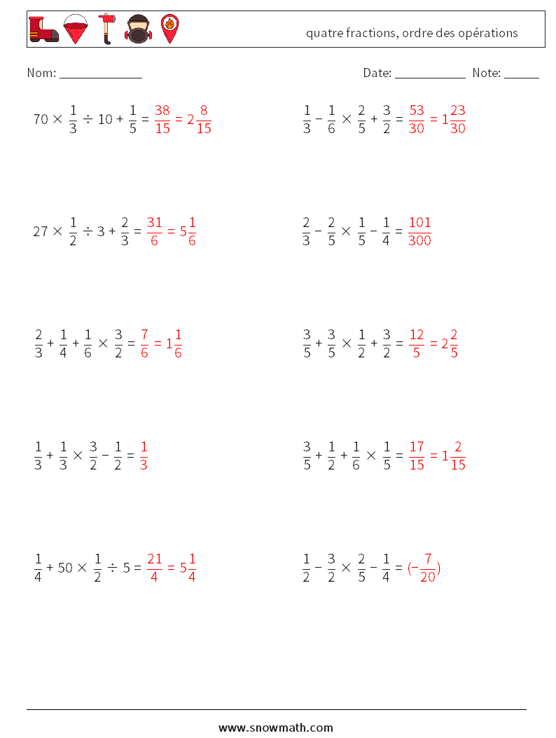 (10) quatre fractions, ordre des opérations Fiches d'Exercices de Mathématiques 15 Question, Réponse