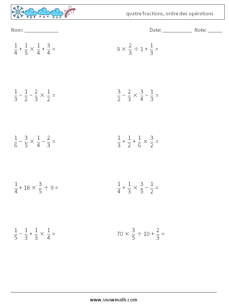 (10) quatre fractions, ordre des opérations Fiches d'Exercices de Mathématiques 16