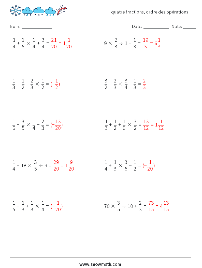 (10) quatre fractions, ordre des opérations Fiches d'Exercices de Mathématiques 16 Question, Réponse