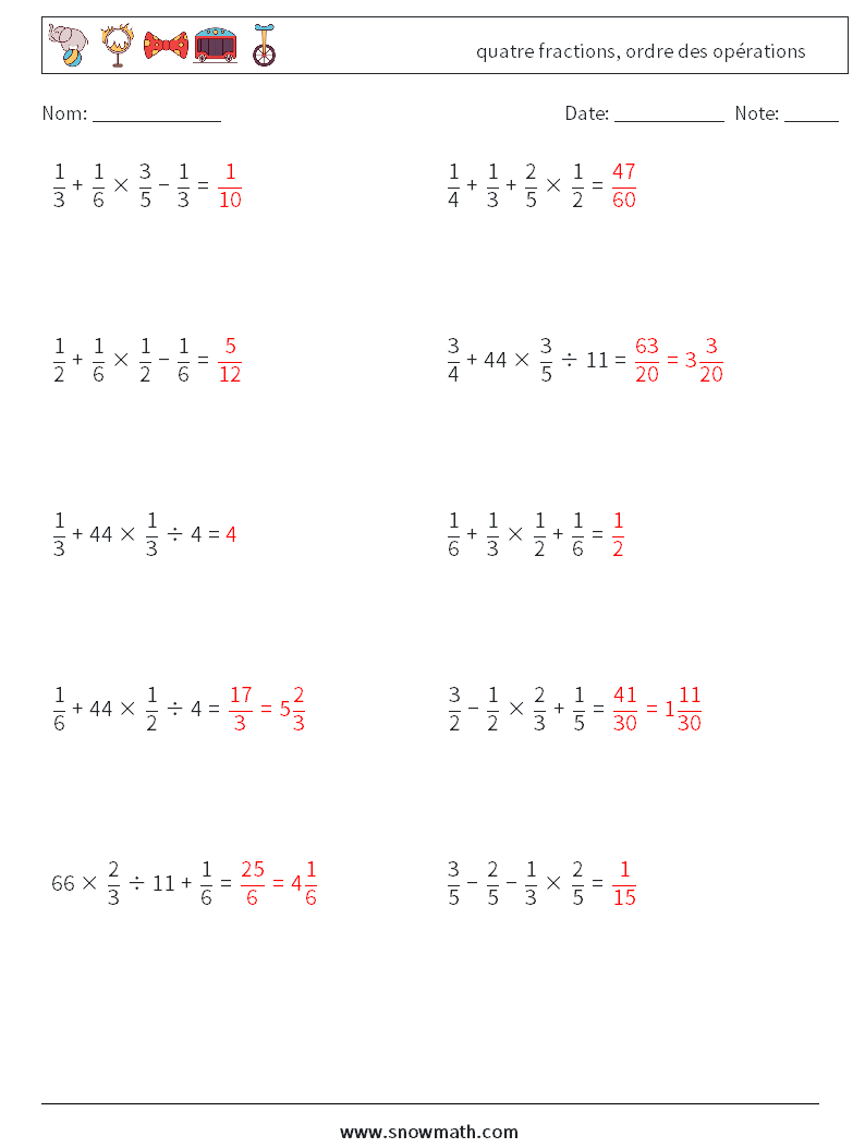 (10) quatre fractions, ordre des opérations Fiches d'Exercices de Mathématiques 18 Question, Réponse