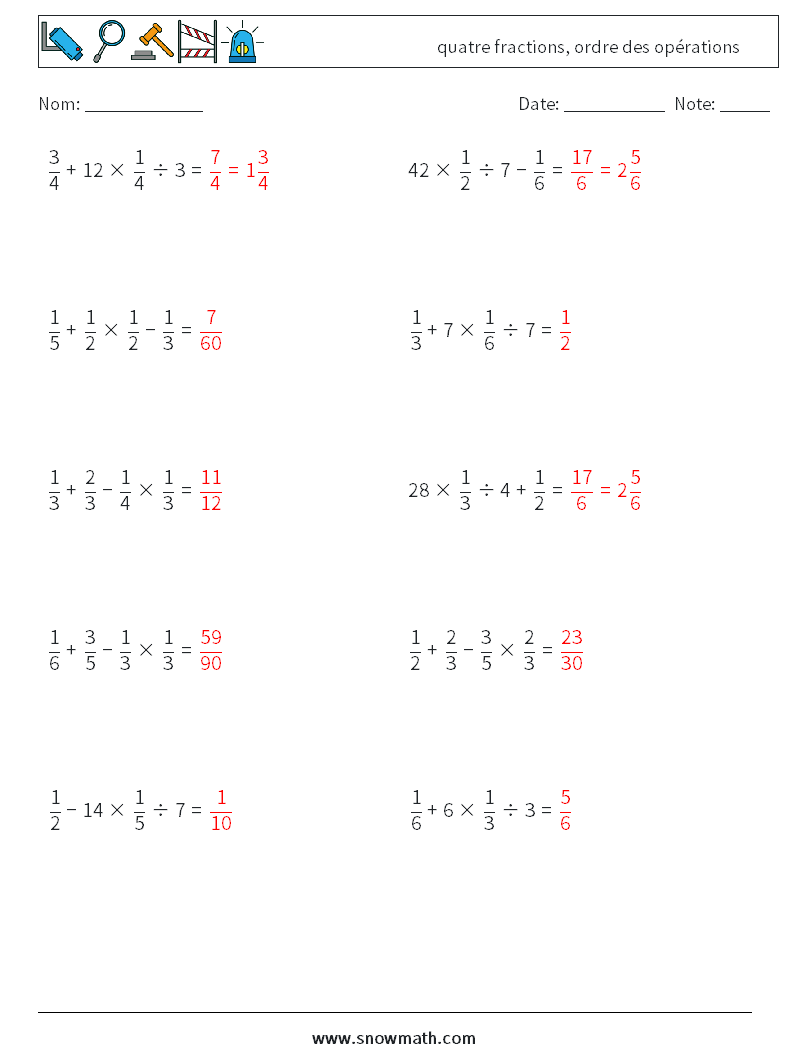 (10) quatre fractions, ordre des opérations Fiches d'Exercices de Mathématiques 1 Question, Réponse