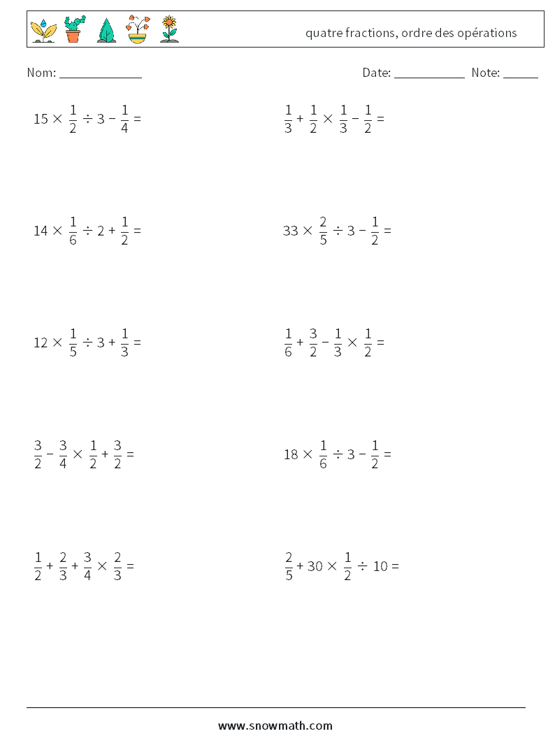 (10) quatre fractions, ordre des opérations Fiches d'Exercices de Mathématiques 2