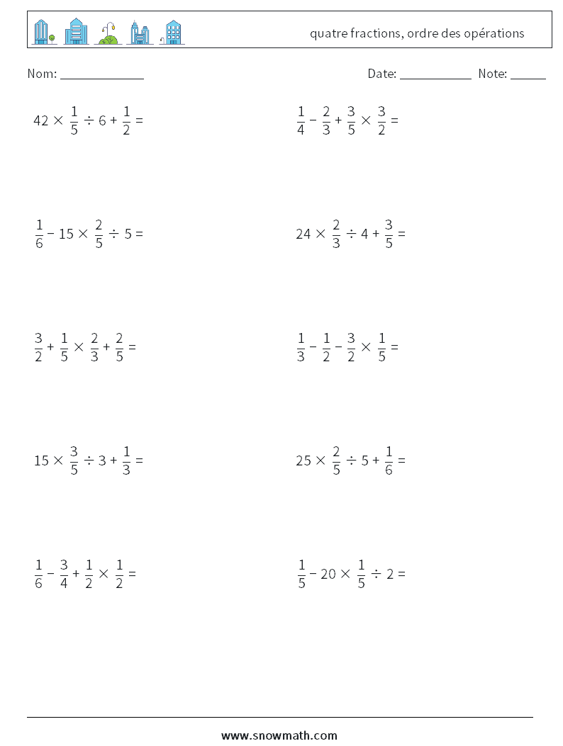 (10) quatre fractions, ordre des opérations Fiches d'Exercices de Mathématiques 4