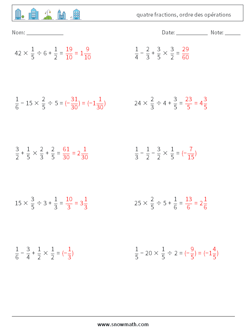 (10) quatre fractions, ordre des opérations Fiches d'Exercices de Mathématiques 4 Question, Réponse