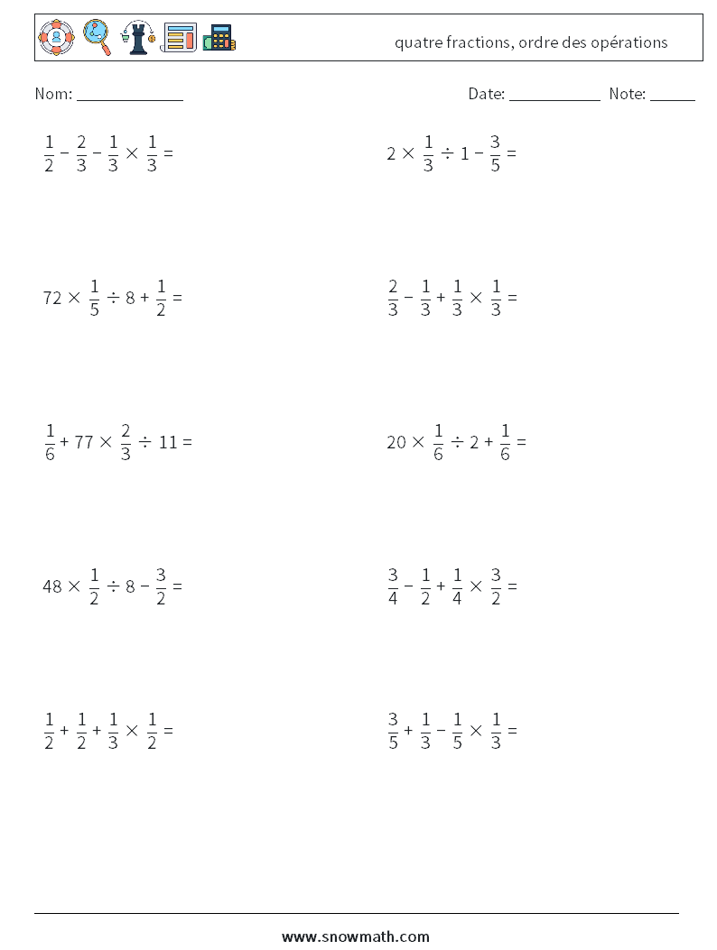 (10) quatre fractions, ordre des opérations Fiches d'Exercices de Mathématiques 5