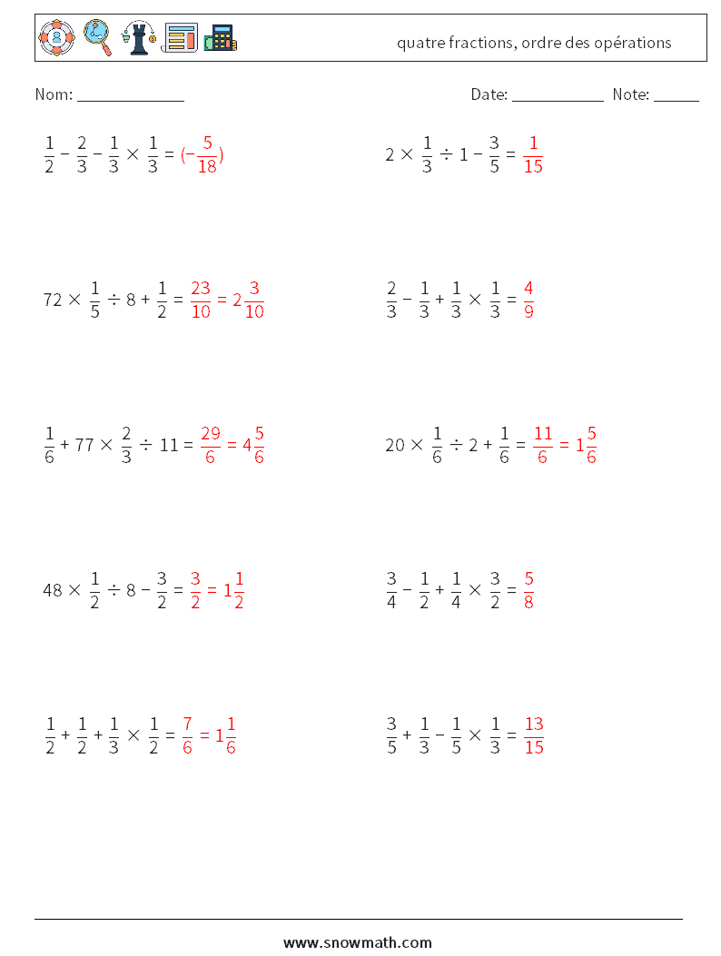 (10) quatre fractions, ordre des opérations Fiches d'Exercices de Mathématiques 5 Question, Réponse