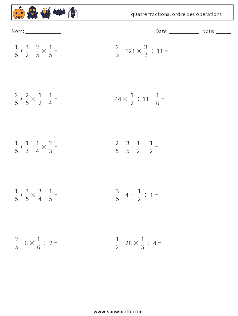 (10) quatre fractions, ordre des opérations Fiches d'Exercices de Mathématiques 6
