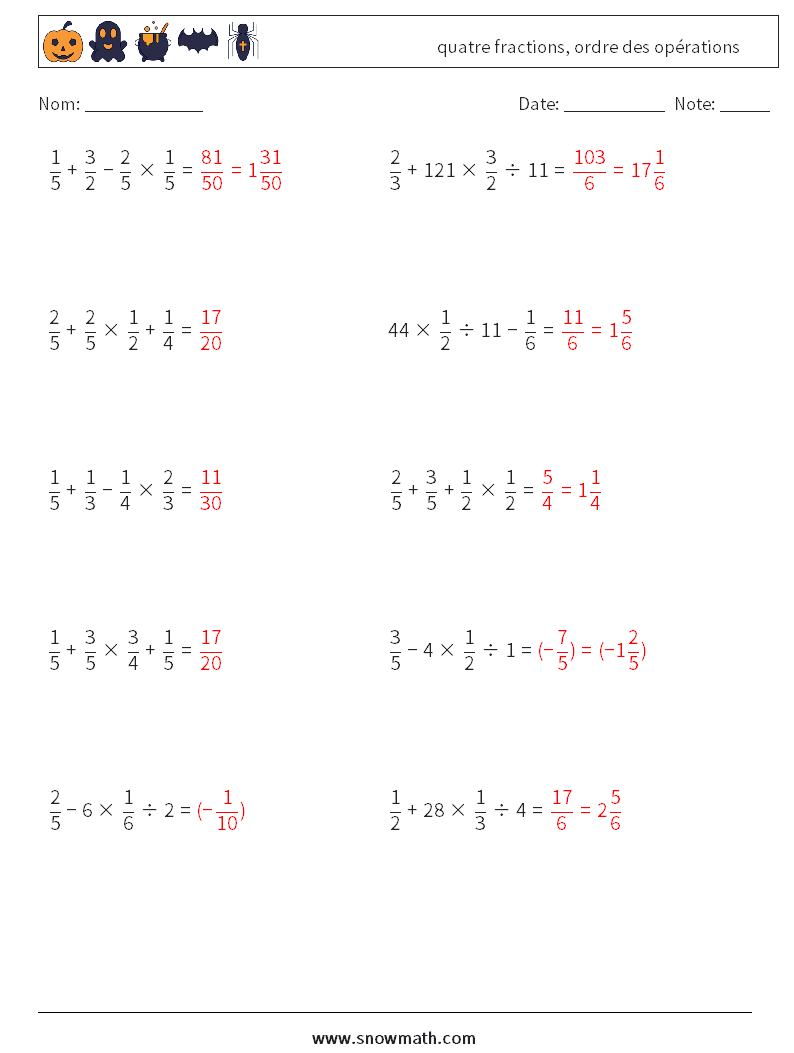 (10) quatre fractions, ordre des opérations Fiches d'Exercices de Mathématiques 6 Question, Réponse