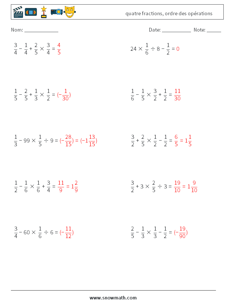 (10) quatre fractions, ordre des opérations Fiches d'Exercices de Mathématiques 7 Question, Réponse