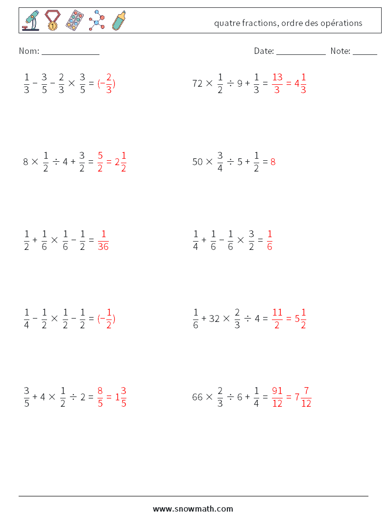 (10) quatre fractions, ordre des opérations Fiches d'Exercices de Mathématiques 8 Question, Réponse