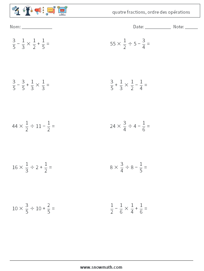 (10) quatre fractions, ordre des opérations Fiches d'Exercices de Mathématiques 9