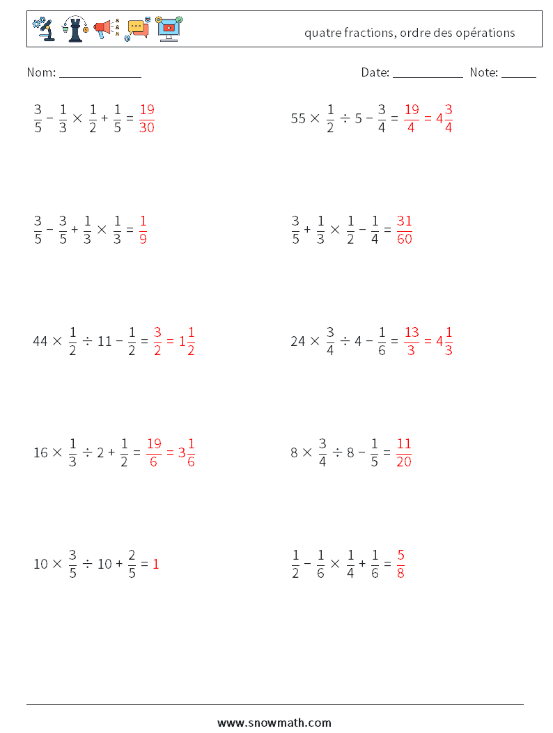 (10) quatre fractions, ordre des opérations Fiches d'Exercices de Mathématiques 9 Question, Réponse