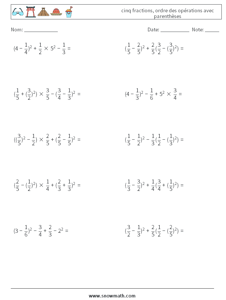 (10) cinq fractions, ordre des opérations avec parenthèses Fiches d'Exercices de Mathématiques 1