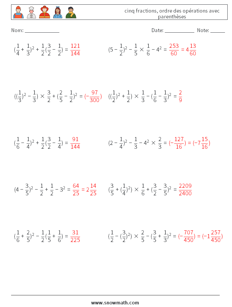 (10) cinq fractions, ordre des opérations avec parenthèses Fiches d'Exercices de Mathématiques 9 Question, Réponse