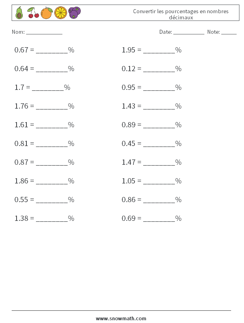 Convertir les pourcentages en nombres décimaux Fiches d'Exercices de Mathématiques 1