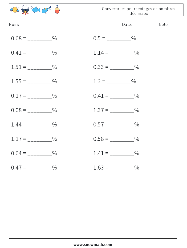 Convertir les pourcentages en nombres décimaux Fiches d'Exercices de Mathématiques 2