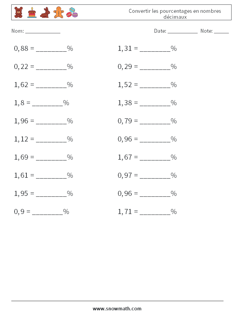 Convertir les pourcentages en nombres décimaux Fiches d'Exercices de Mathématiques 3