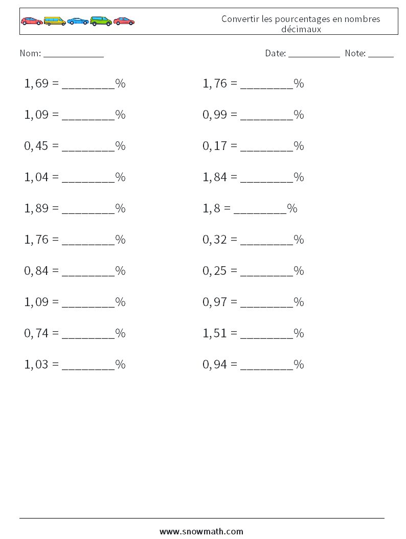Convertir les pourcentages en nombres décimaux Fiches d'Exercices de Mathématiques 5