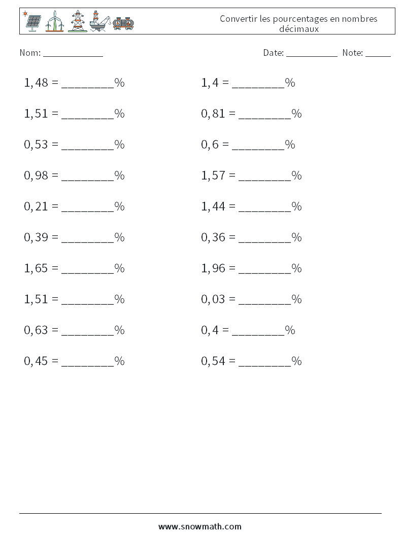 Convertir les pourcentages en nombres décimaux Fiches d'Exercices de Mathématiques 7