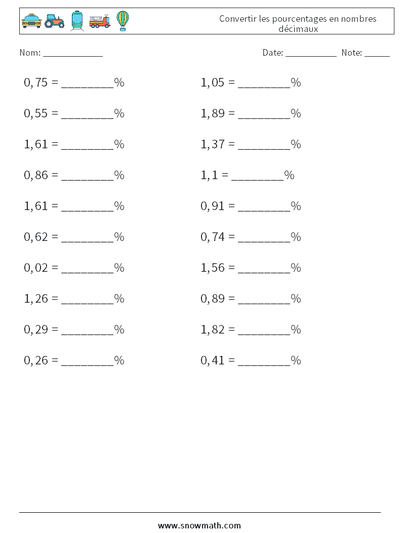 Convertir les pourcentages en nombres décimaux Fiches d'Exercices de Mathématiques 9